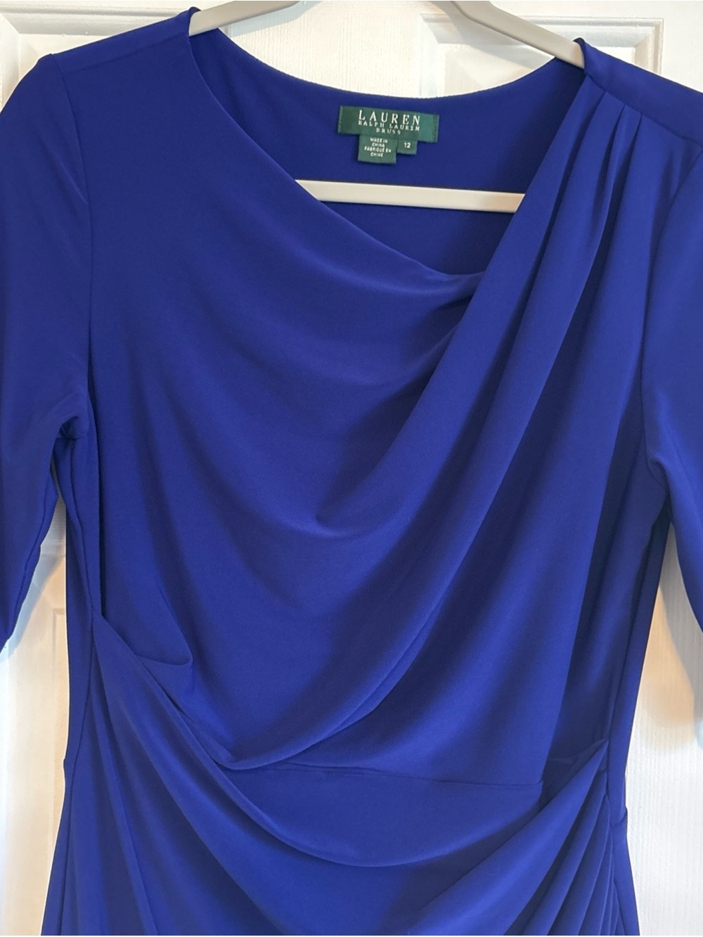 Lauren Ralph Lauren Royal Blue 3/4 Sleeve Draped Dress Sz 12 Classic, Timeless